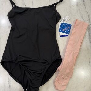 Motionwear Women’s Black Leotard with Pink Footed Tights with Back Seam